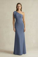 One - Shoulder Sheath Satin Long Bridesmaid Dress in Neptune - KissProm Bridesmaid Dresses