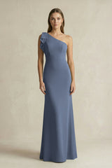 One - Shoulder Sheath Satin Long Bridesmaid Dress in Neptune - KissProm Bridesmaid Dresses