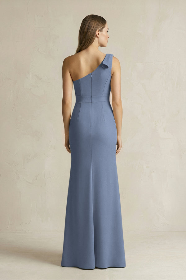 One - Shoulder Sheath Satin Long Bridesmaid Dress in Neptune - KissProm Bridesmaid Dresses