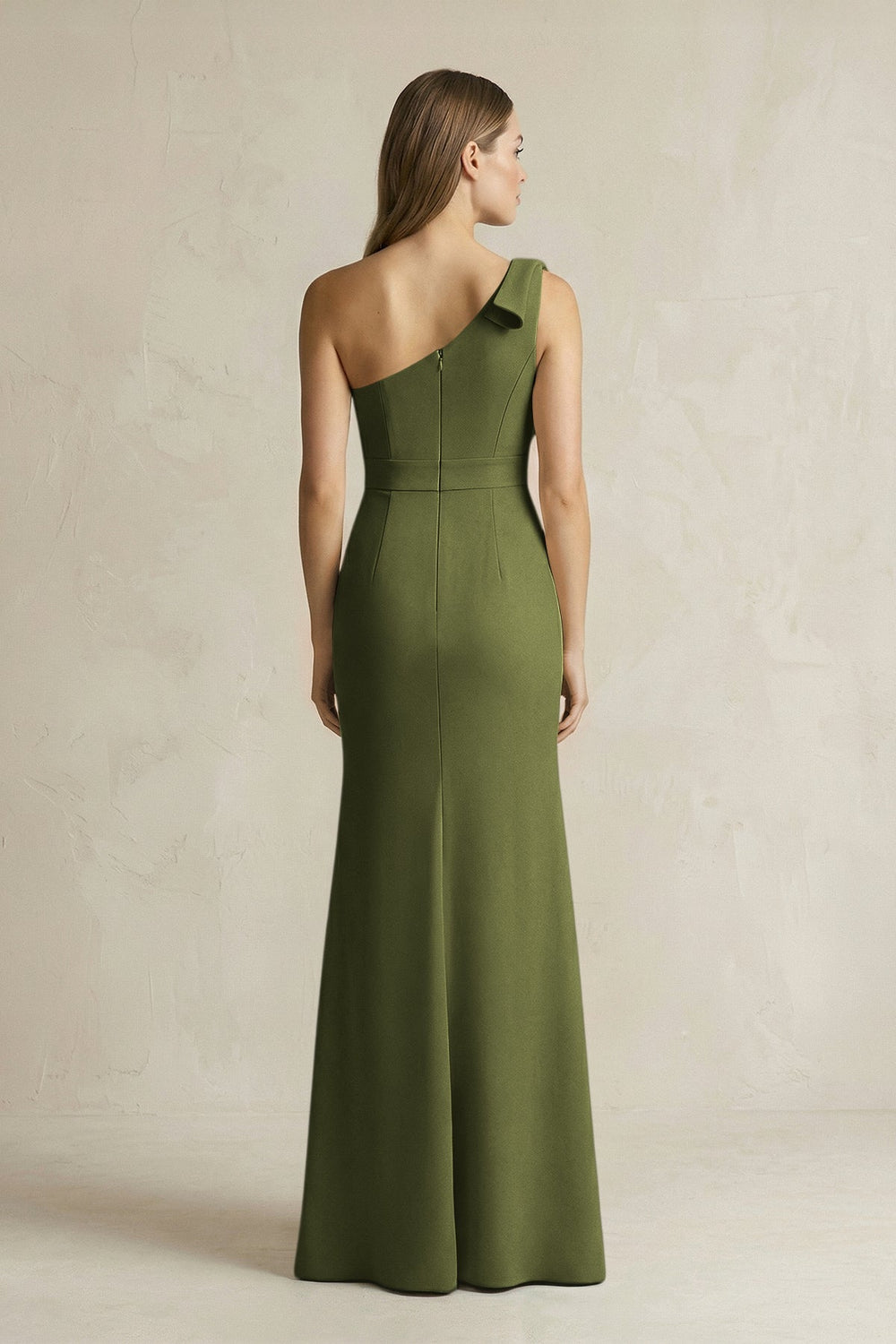 One - Shoulder Sheath Satin Long Bridesmaid Dress in Olive - KissProm Bridesmaid Dresses