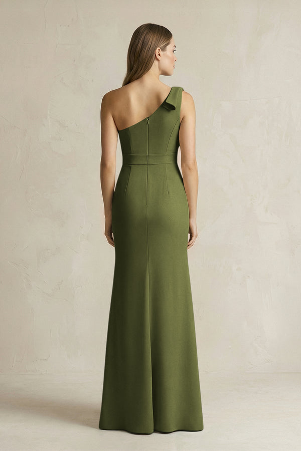 One - Shoulder Sheath Satin Long Bridesmaid Dress in Olive - KissProm Bridesmaid Dresses