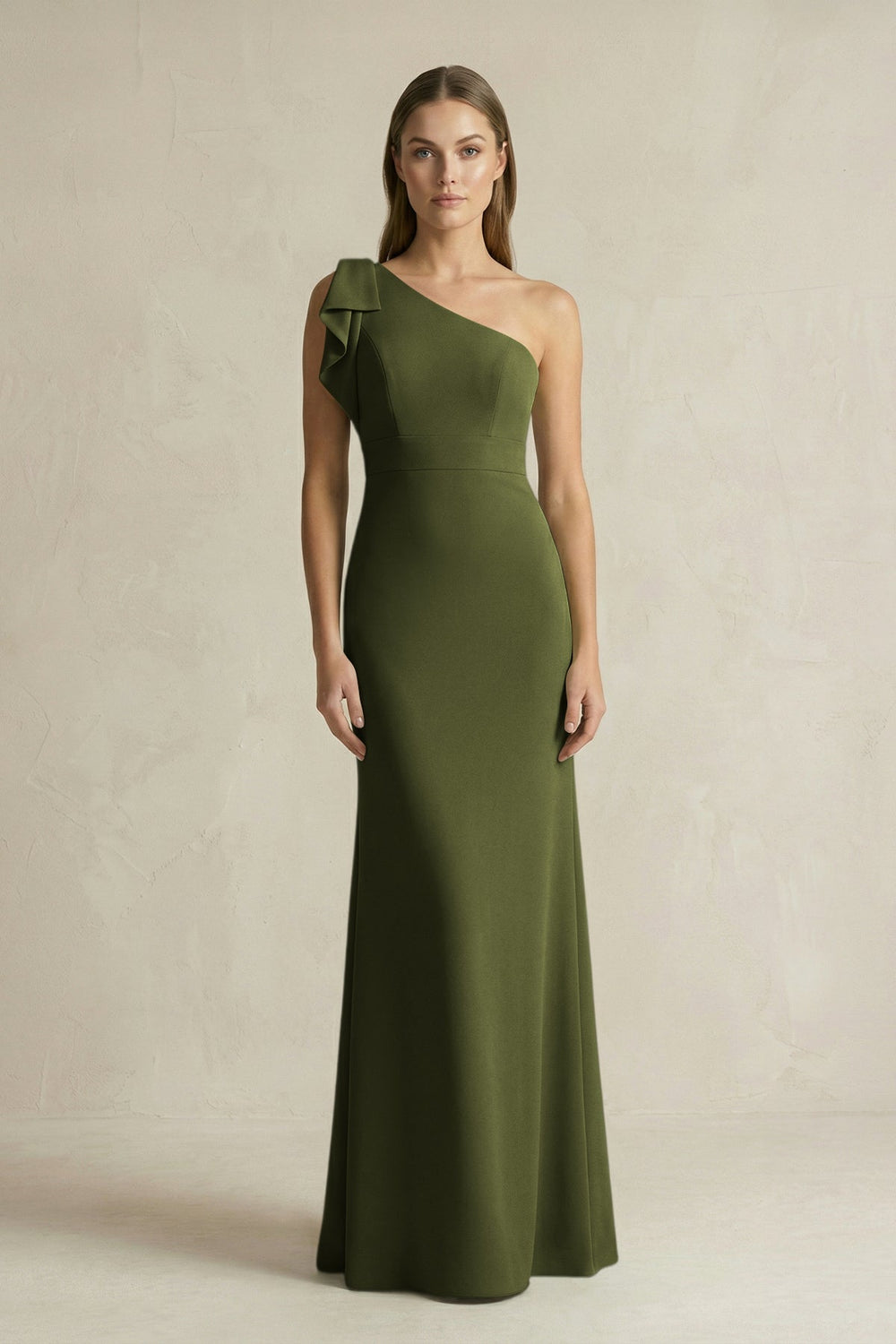 One - Shoulder Sheath Satin Long Bridesmaid Dress in Olive - KissProm Bridesmaid Dresses