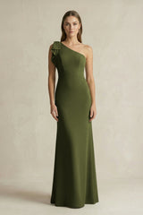 One - Shoulder Sheath Satin Long Bridesmaid Dress in Olive - KissProm Bridesmaid Dresses