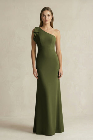 One - Shoulder Sheath Satin Long Bridesmaid Dress in Olive - KissProm Bridesmaid Dresses