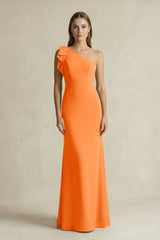 One - Shoulder Sheath Satin Long Bridesmaid Dress in Orange - KissProm Bridesmaid Dresses