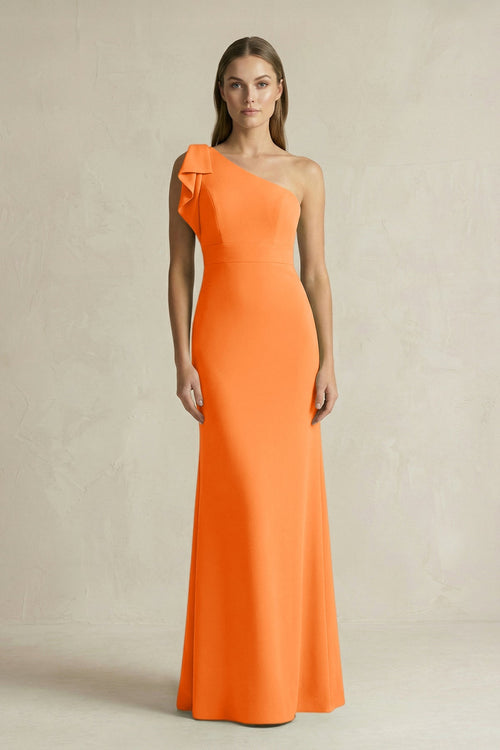 One - Shoulder Sheath Satin Long Bridesmaid Dress in Orange - KissProm Bridesmaid Dresses