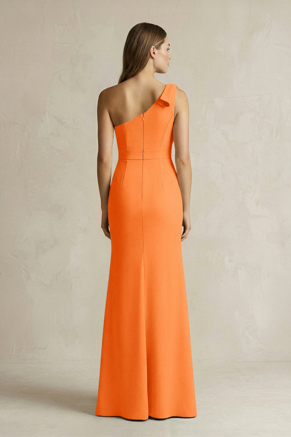 One - Shoulder Sheath Satin Long Bridesmaid Dress in Orange - KissProm Bridesmaid Dresses