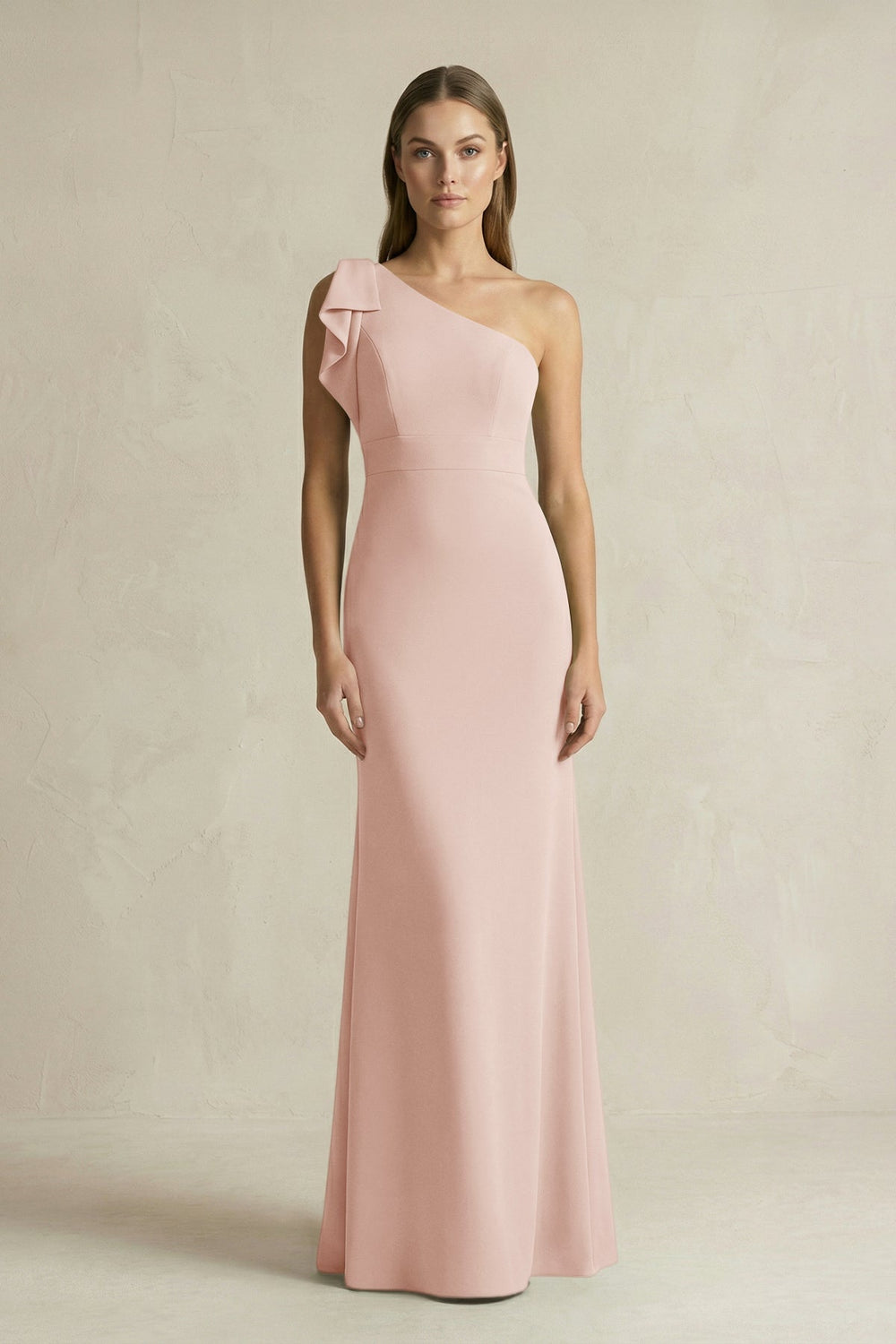One - Shoulder Sheath Satin Long Bridesmaid Dress in Pale Blush - KissProm Bridesmaid Dresses