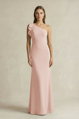 One - Shoulder Sheath Satin Long Bridesmaid Dress in Pale Blush - KissProm Bridesmaid Dresses