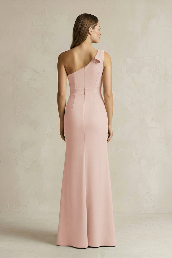 One - Shoulder Sheath Satin Long Bridesmaid Dress in Pale Blush - KissProm Bridesmaid Dresses