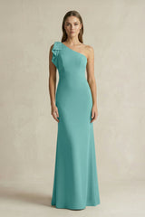 One - Shoulder Sheath Satin Long Bridesmaid Dress in Pale Pistachio - KissProm Bridesmaid Dresses