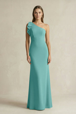 One - Shoulder Sheath Satin Long Bridesmaid Dress in Pale Pistachio - KissProm Bridesmaid Dresses