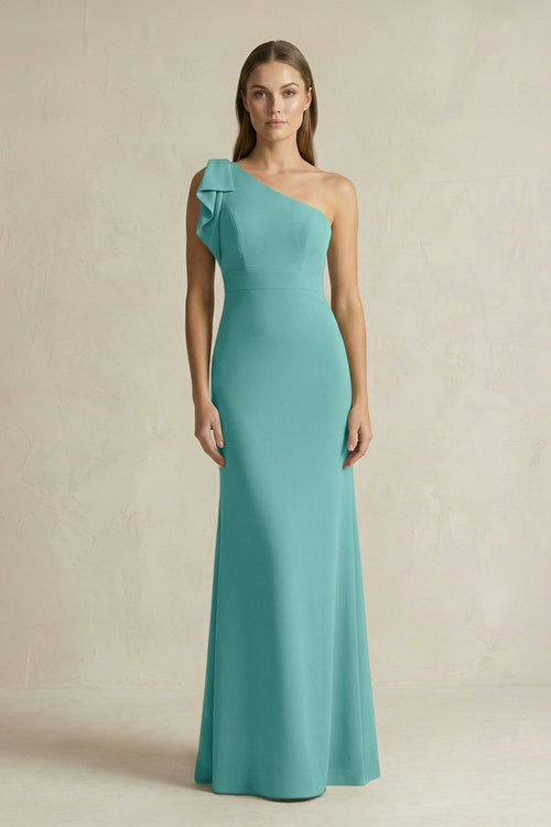 One - Shoulder Sheath Satin Long Bridesmaid Dress in Pale Pistachio - KissProm Bridesmaid Dresses