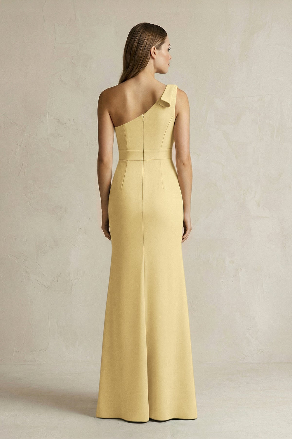 One - Shoulder Sheath Satin Long Bridesmaid Dress in Pastel Yellow - KissProm Bridesmaid Dresses