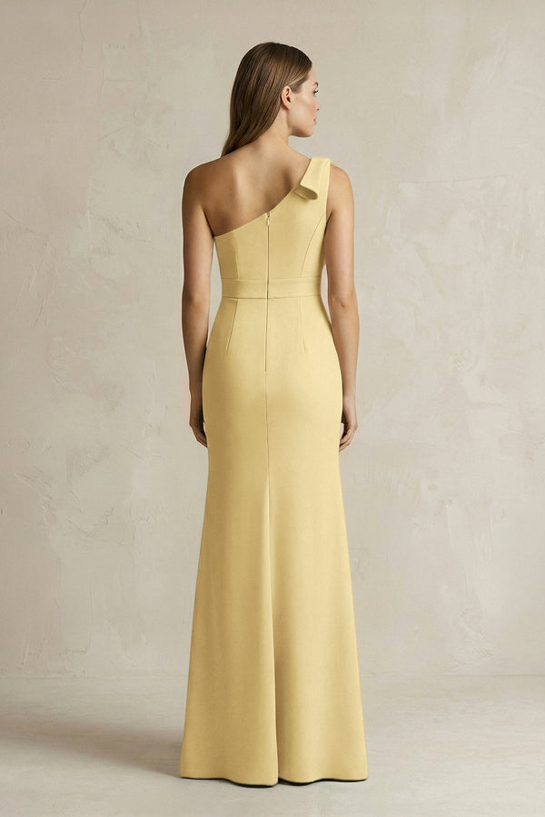 One - Shoulder Sheath Satin Long Bridesmaid Dress in Pastel Yellow - KissProm Bridesmaid Dresses