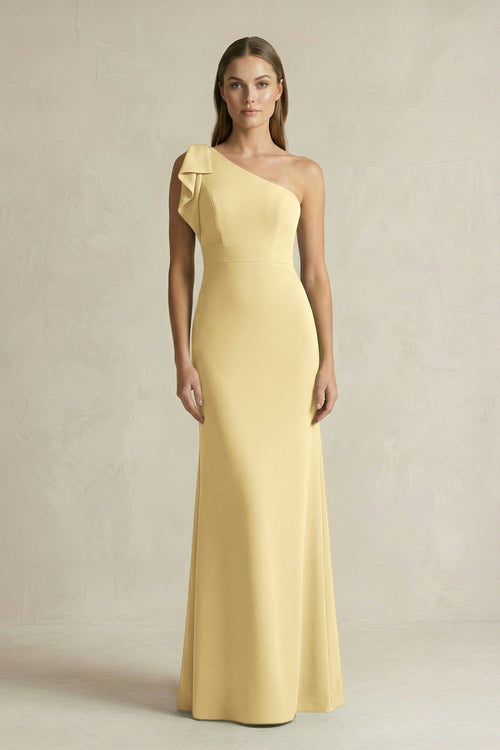 One - Shoulder Sheath Satin Long Bridesmaid Dress in Pastel Yellow - KissProm Bridesmaid Dresses