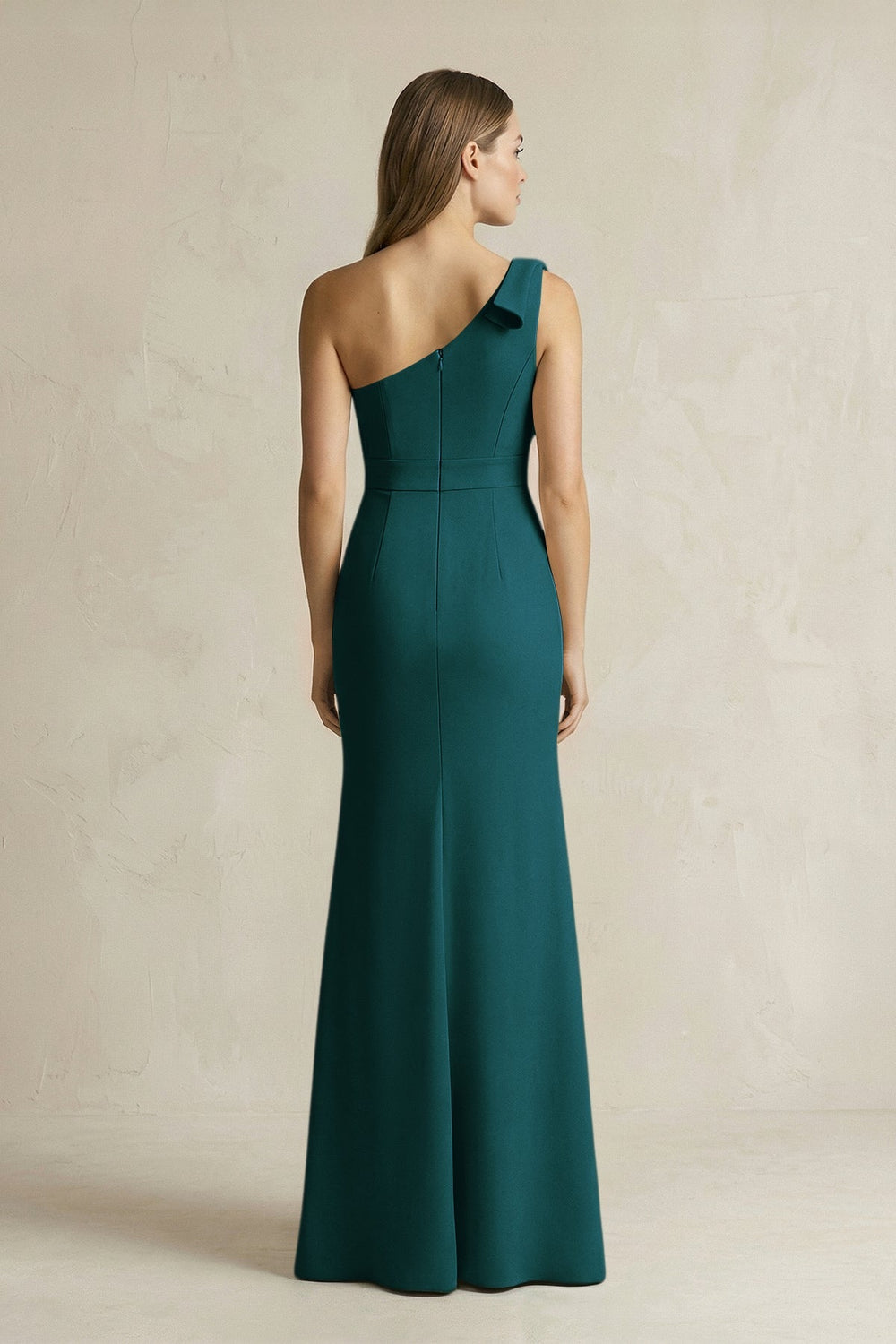 One - Shoulder Sheath Satin Long Bridesmaid Dress in Pine - KissProm Bridesmaid Dresses