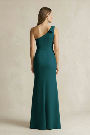 One - Shoulder Sheath Satin Long Bridesmaid Dress in Pine - KissProm Bridesmaid Dresses