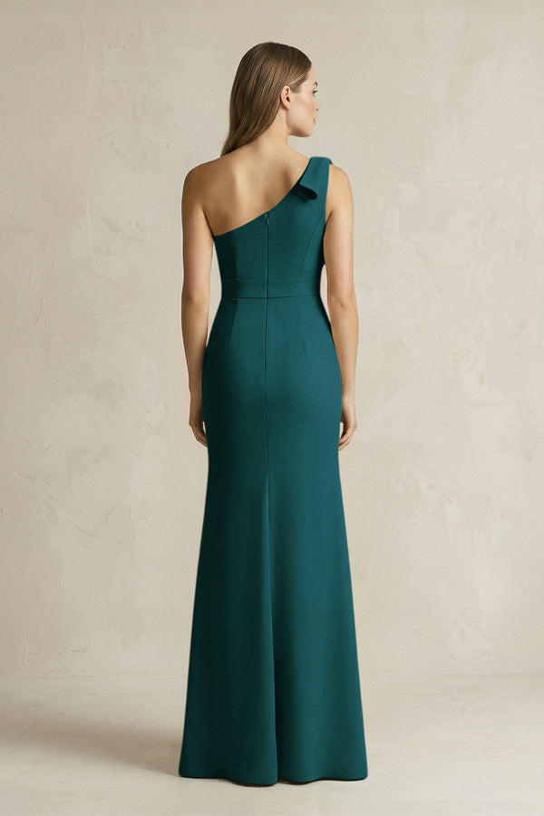 One - Shoulder Sheath Satin Long Bridesmaid Dress in Pine - KissProm Bridesmaid Dresses