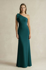 One - Shoulder Sheath Satin Long Bridesmaid Dress in Pine - KissProm Bridesmaid Dresses