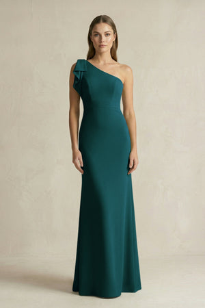 One - Shoulder Sheath Satin Long Bridesmaid Dress in Pine - KissProm Bridesmaid Dresses
