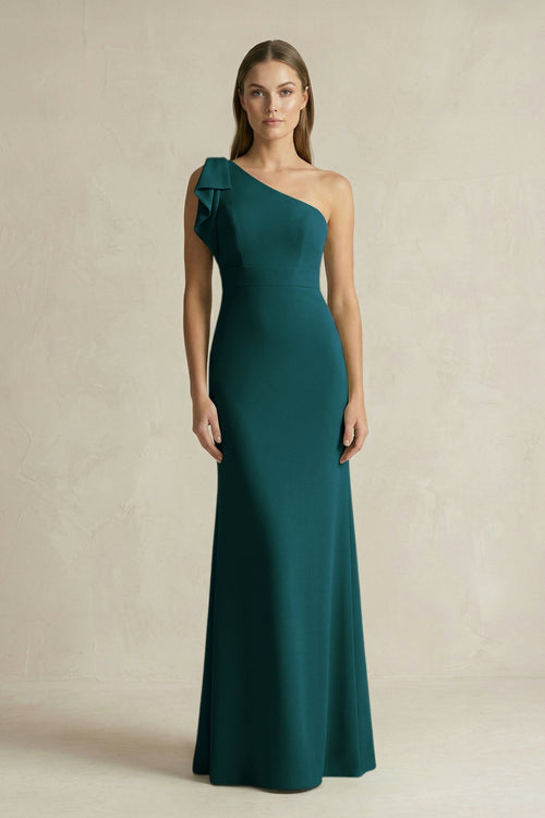 One - Shoulder Sheath Satin Long Bridesmaid Dress in Pine - KissProm Bridesmaid Dresses