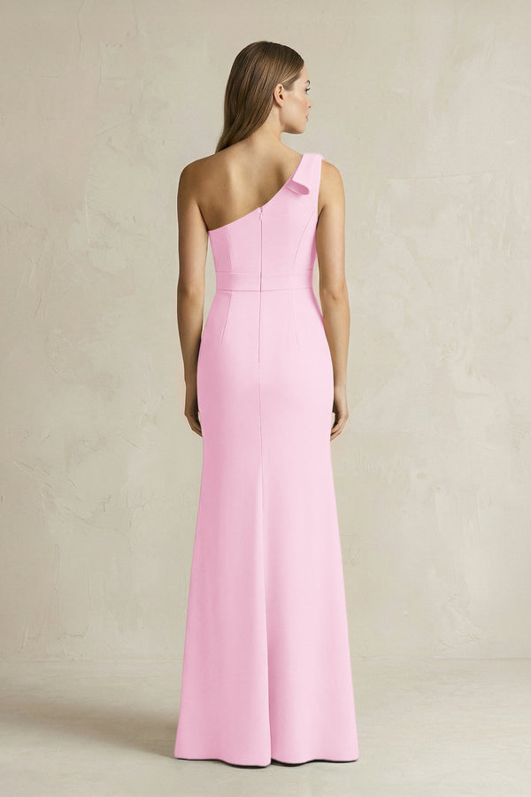 One - Shoulder Sheath Satin Long Bridesmaid Dress in Pink - KissProm Bridesmaid Dresses