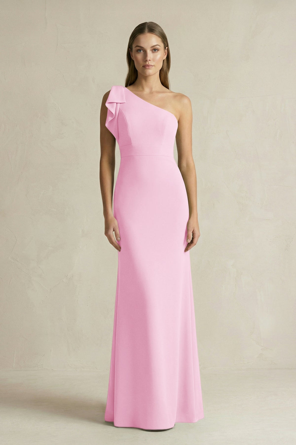 One - Shoulder Sheath Satin Long Bridesmaid Dress in Pink - KissProm Bridesmaid Dresses