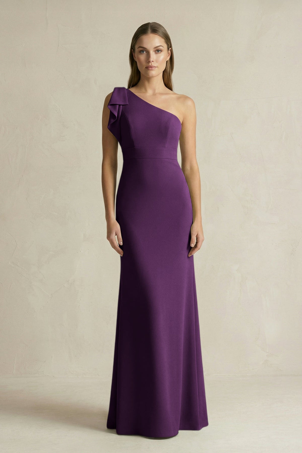 One - Shoulder Sheath Satin Long Bridesmaid Dress in Plum - KissProm Bridesmaid Dresses