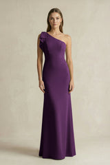 One - Shoulder Sheath Satin Long Bridesmaid Dress in Plum - KissProm Bridesmaid Dresses