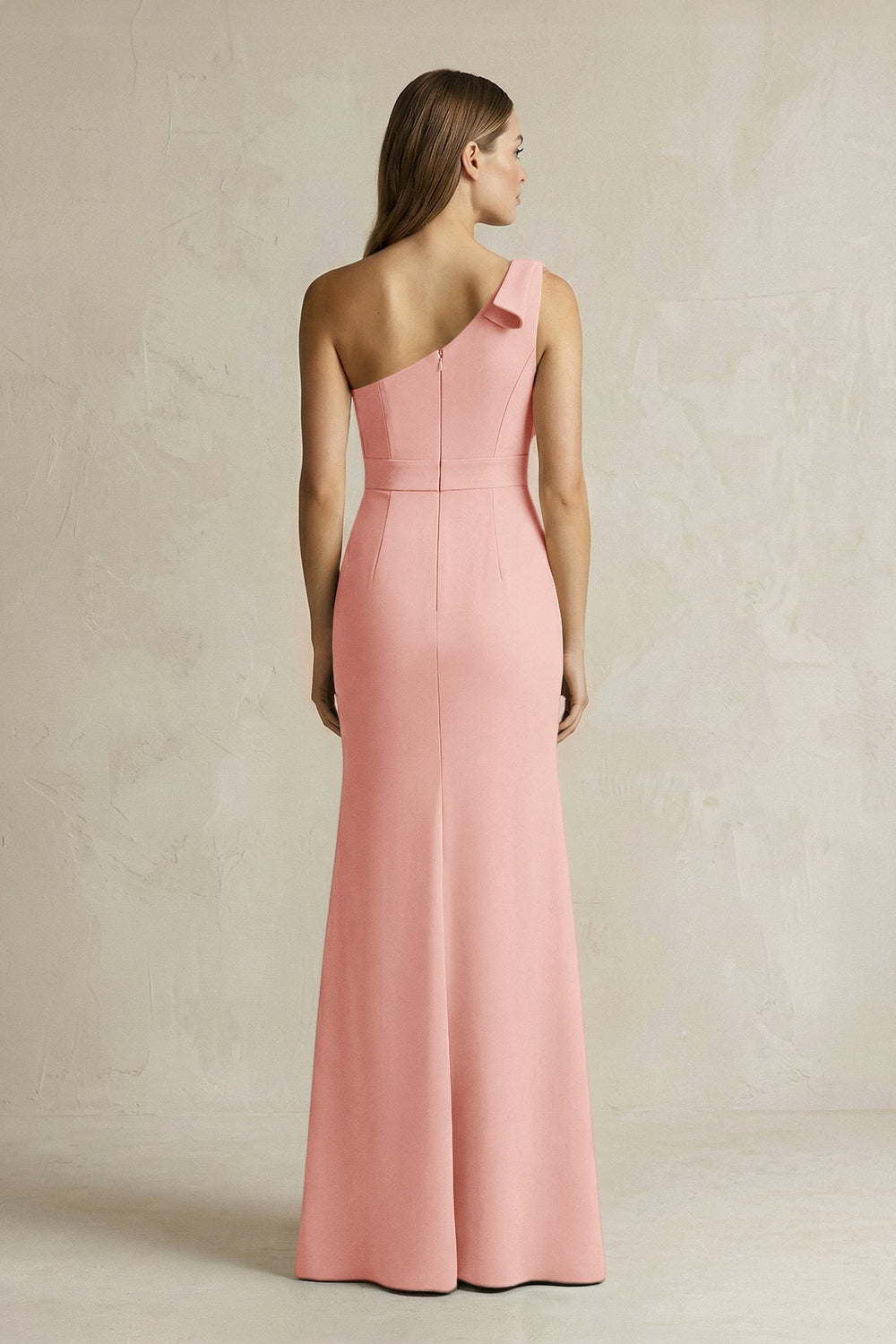 One - Shoulder Sheath Satin Long Bridesmaid Dress in Rose Petal - KissProm Bridesmaid Dresses