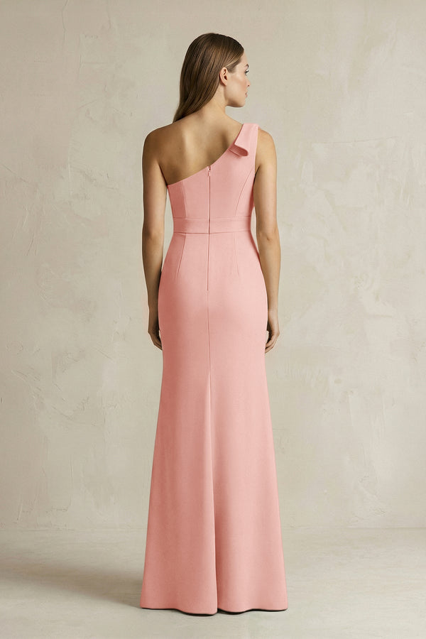 One - Shoulder Sheath Satin Long Bridesmaid Dress in Rose Petal - KissProm Bridesmaid Dresses