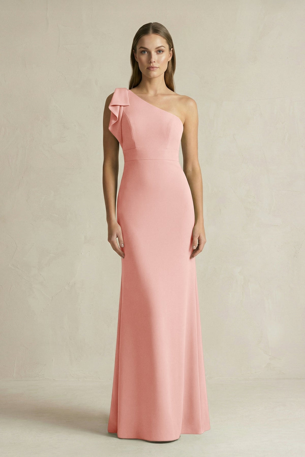 One - Shoulder Sheath Satin Long Bridesmaid Dress in Rose Petal - KissProm Bridesmaid Dresses