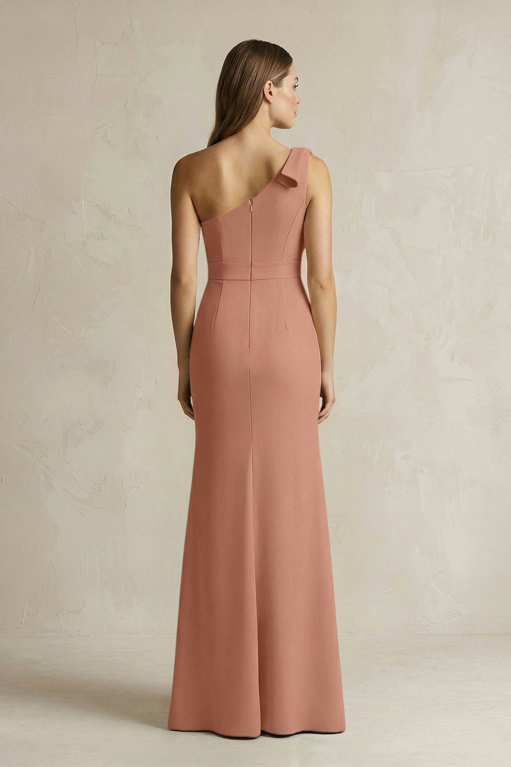 One - Shoulder Sheath Satin Long Bridesmaid Dress in Rosette - KissProm Bridesmaid Dresses