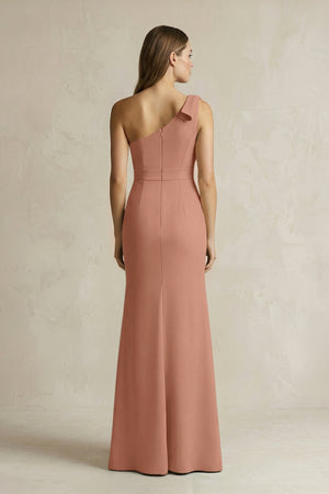 One - Shoulder Sheath Satin Long Bridesmaid Dress in Rosette - KissProm Bridesmaid Dresses