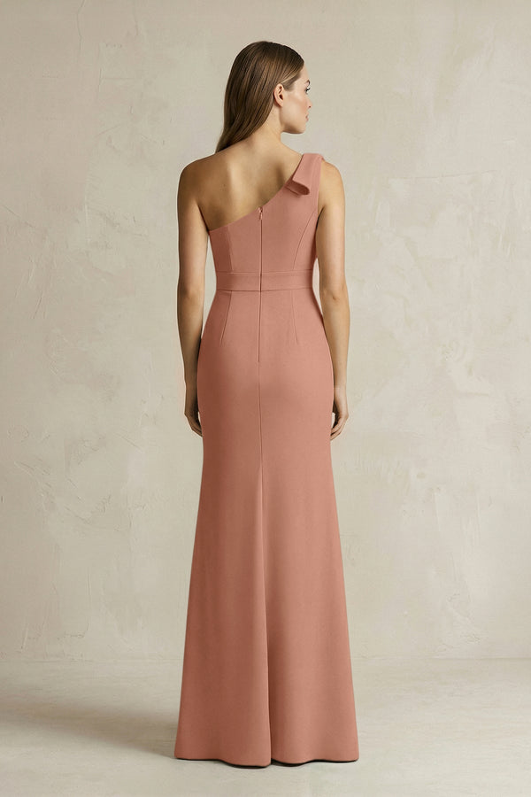 One - Shoulder Sheath Satin Long Bridesmaid Dress in Rosette - KissProm Bridesmaid Dresses