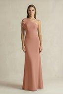 One - Shoulder Sheath Satin Long Bridesmaid Dress in Rosette - KissProm Bridesmaid Dresses