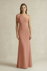 One - Shoulder Sheath Satin Long Bridesmaid Dress in Rosette - KissProm Bridesmaid Dresses
