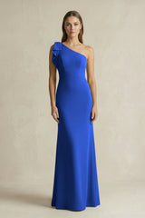 One - Shoulder Sheath Satin Long Bridesmaid Dress in Royal Blue - KissProm Bridesmaid Dresses