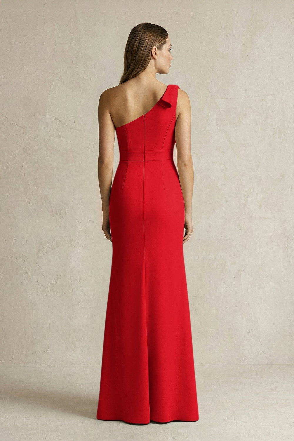 One - Shoulder Sheath Satin Long Bridesmaid Dress in Ruby Red - KissProm Bridesmaid Dresses