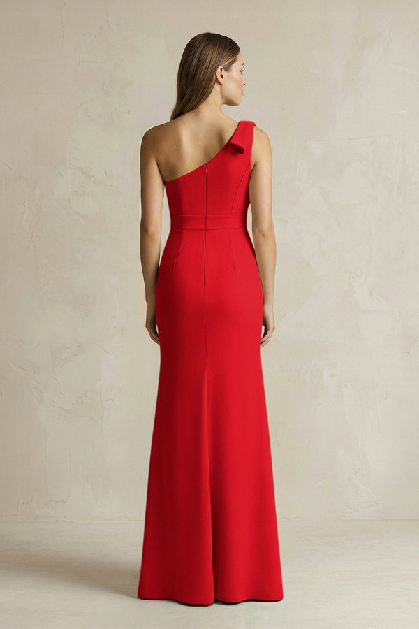 One - Shoulder Sheath Satin Long Bridesmaid Dress in Ruby Red - KissProm Bridesmaid Dresses