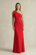 One - Shoulder Sheath Satin Long Bridesmaid Dress in Ruby Red - KissProm Bridesmaid Dresses