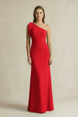 One - Shoulder Sheath Satin Long Bridesmaid Dress in Ruby Red - KissProm Bridesmaid Dresses