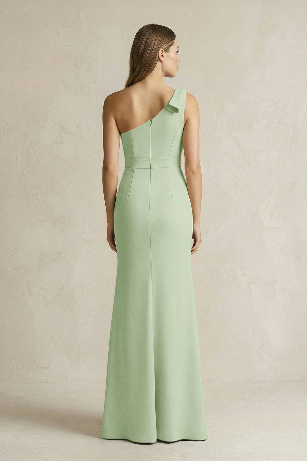 One - Shoulder Sheath Satin Long Bridesmaid Dress in Sage - KissProm Bridesmaid Dresses