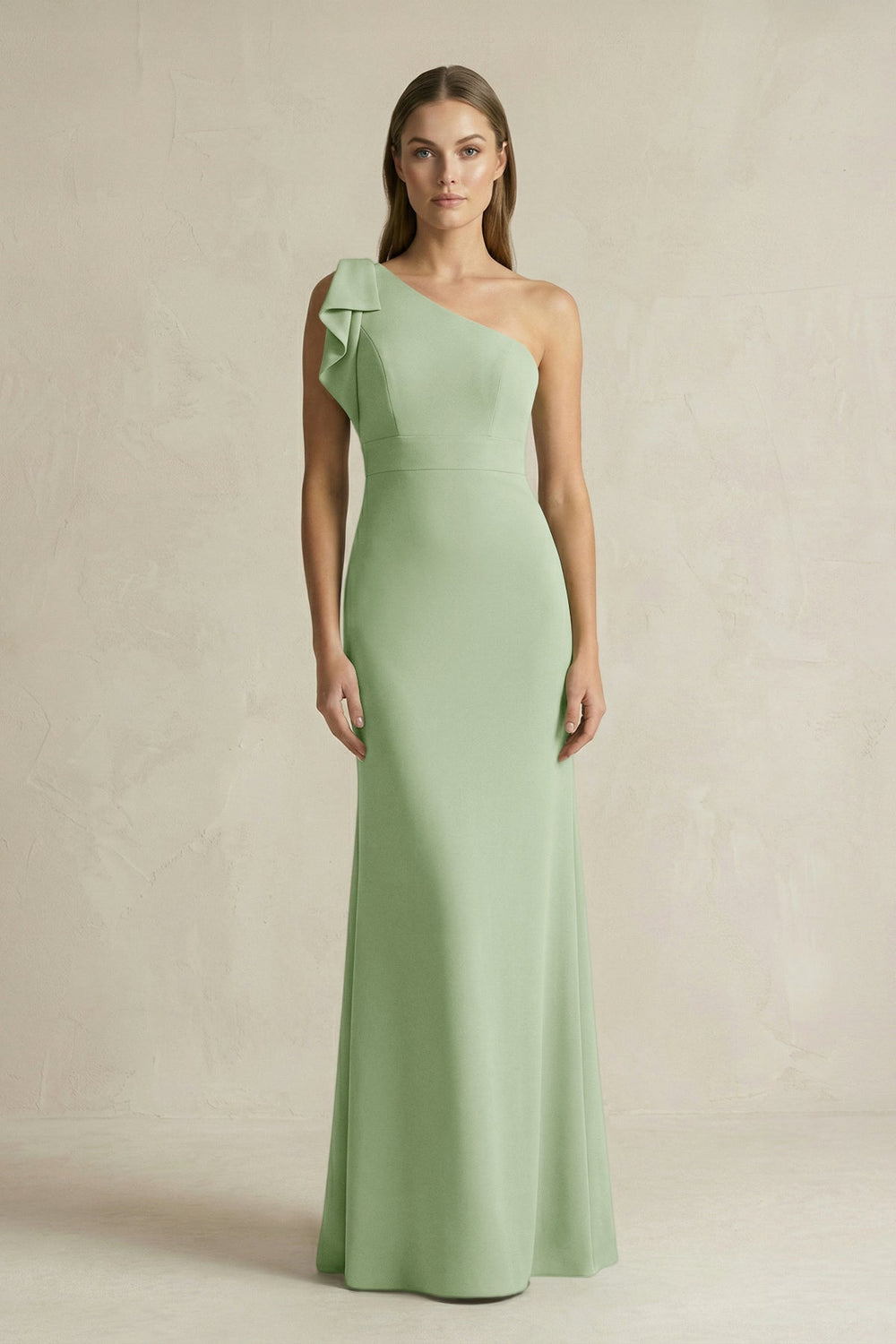 One - Shoulder Sheath Satin Long Bridesmaid Dress in Sage - KissProm Bridesmaid Dresses