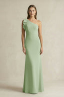 One - Shoulder Sheath Satin Long Bridesmaid Dress in Sage - KissProm Bridesmaid Dresses