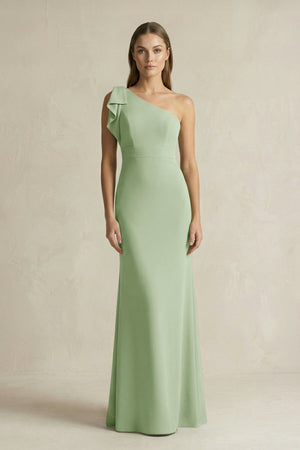 One - Shoulder Sheath Satin Long Bridesmaid Dress in Sage - KissProm Bridesmaid Dresses
