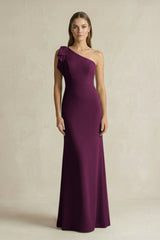 One - Shoulder Sheath Satin Long Bridesmaid Dress in Sangria - KissProm Bridesmaid Dresses