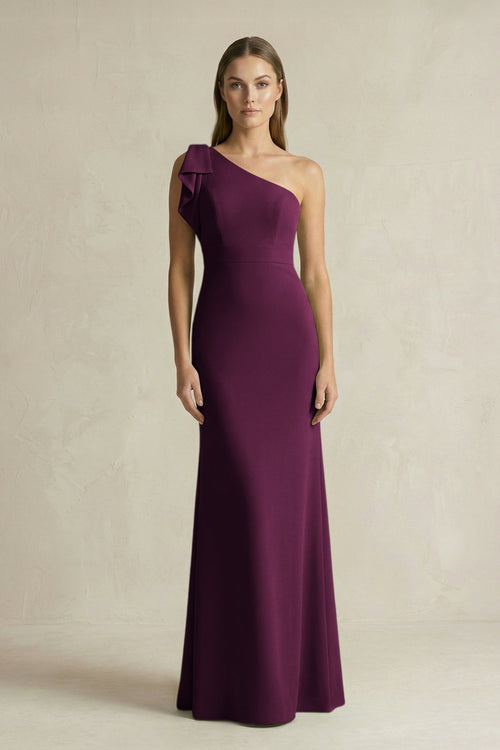 One - Shoulder Sheath Satin Long Bridesmaid Dress in Sangria - KissProm Bridesmaid Dresses