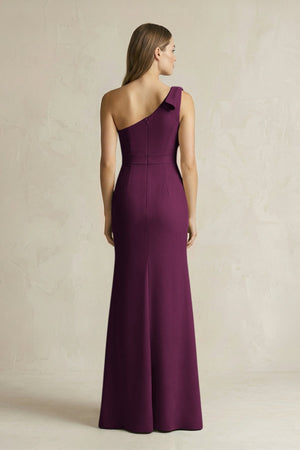 One - Shoulder Sheath Satin Long Bridesmaid Dress in Sangria - KissProm Bridesmaid Dresses